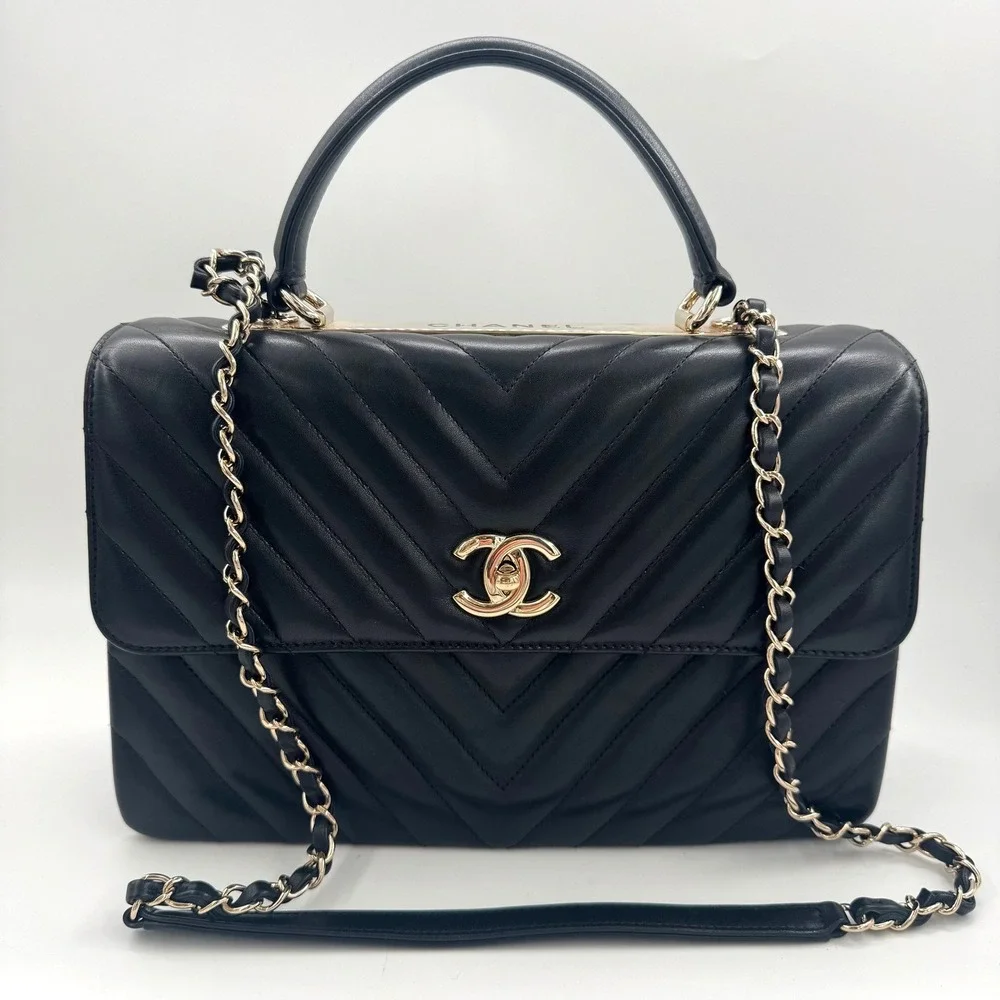 Chanel Trendy CC Chevron Lambskin Black‎ Gold Medium Top Handle Bag Series 25